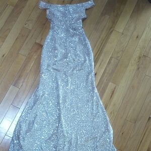 Silver Sequin Off-Shoulder Prom Gown